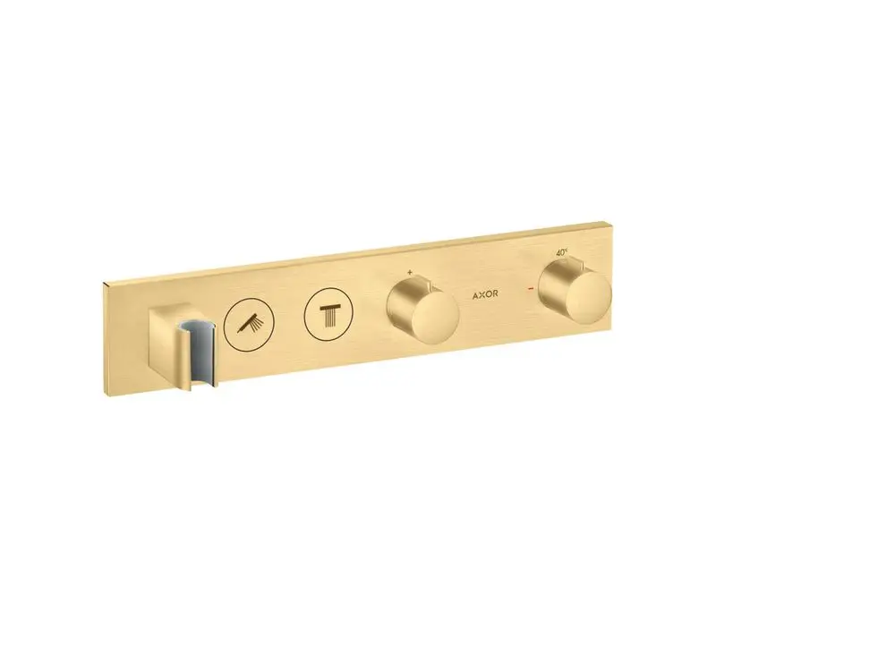 Thermostatmodul von AXOR in gebürstetem Gold, ausgestattet mit Bedienknöpfen für Temperatur und Wasserfluss, für die Unterputzinstallation zur Steuerung von zwei Verbrauchern.